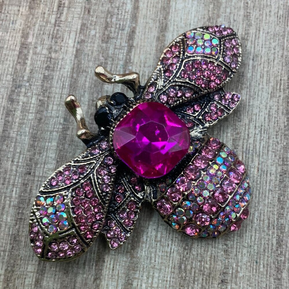 Bubble Bee Insect Pink Clear Crystal Silver Tone Brooch Pendant